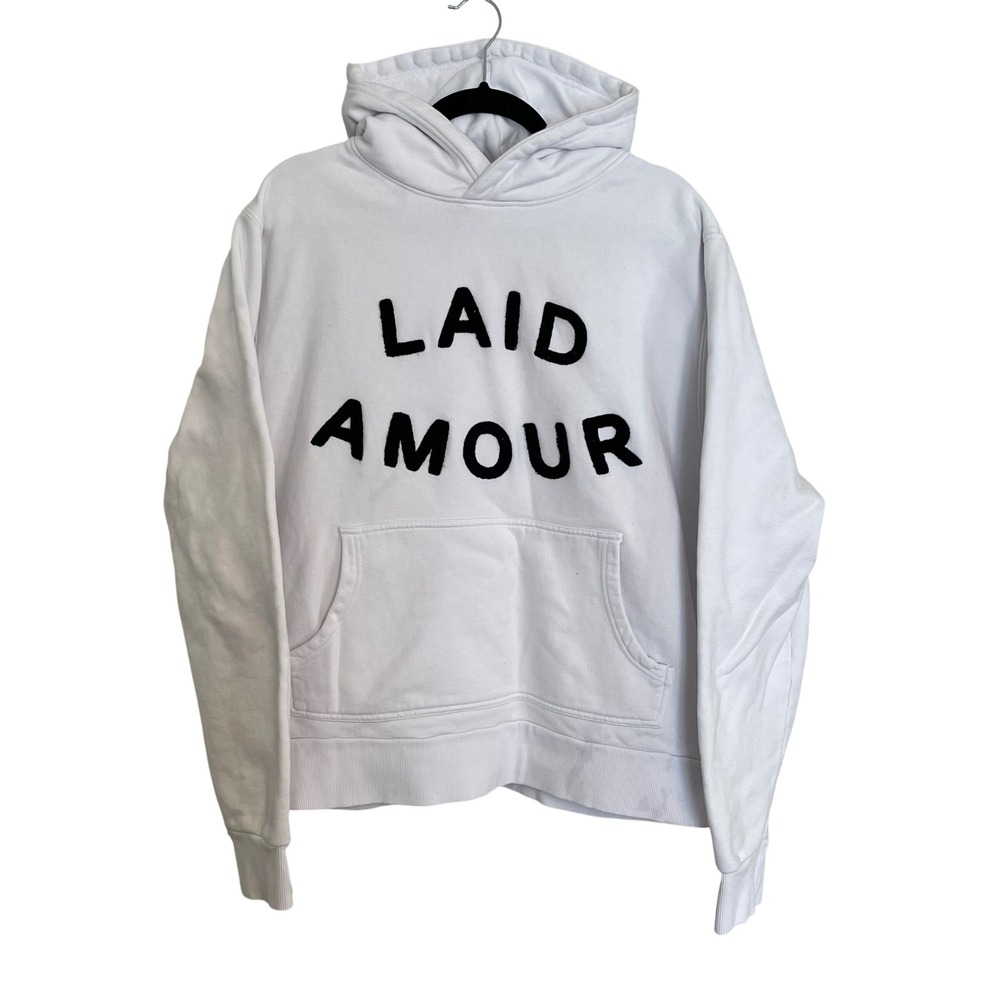 I LOVE UGLY LAID AMOUR Hoodie White Black Text Graphic Pullover Men's XL‎